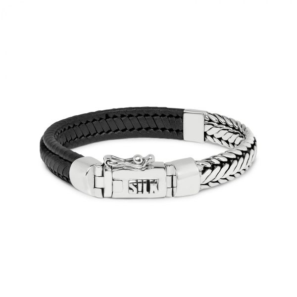 193BLK armband zilver & leer zwart