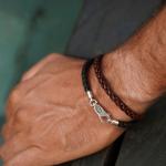 755BRN armband leer & zilver Heren DOUBLE LINKED Collectie