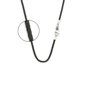 König Design Leren ketting, leren halsband, leren armband, 4 mm - 6 mm, zwart, 17-100 cm lang, met karabijnsluiting, zilver gevlochten, Leer