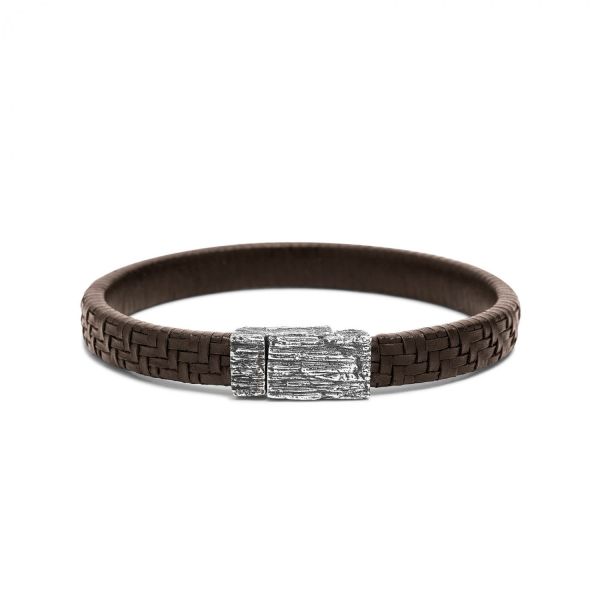 E420BRN armband zilver leer