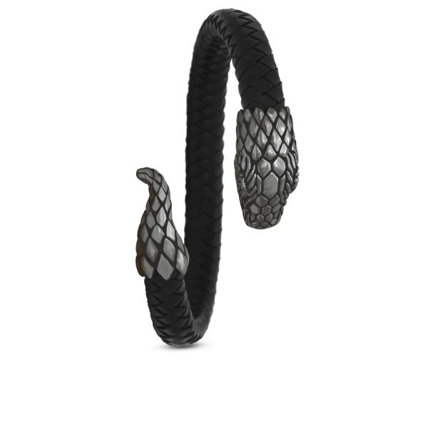 S25BLK Slang Armband zwart rhodium & leder Fierce Collectie